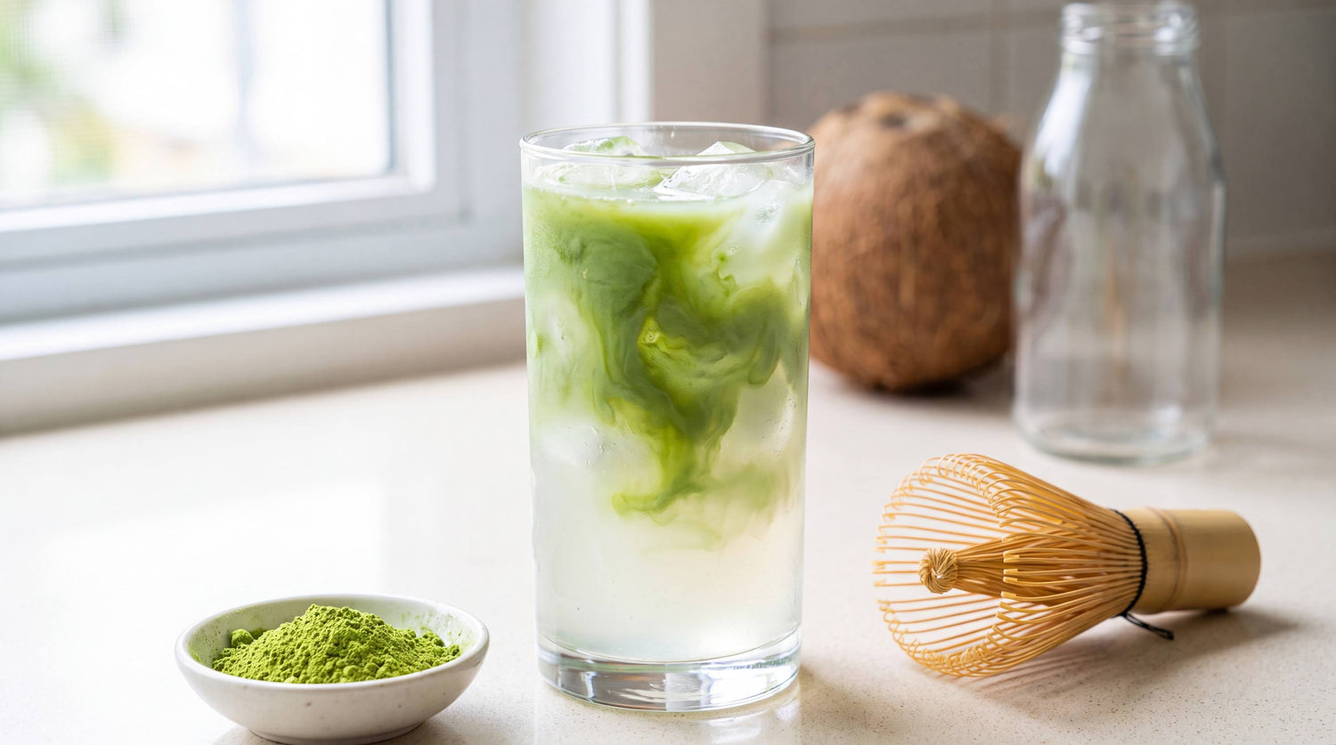 Tall glass of iced matcha coconut water with green matcha poured over ice and clear coconut water