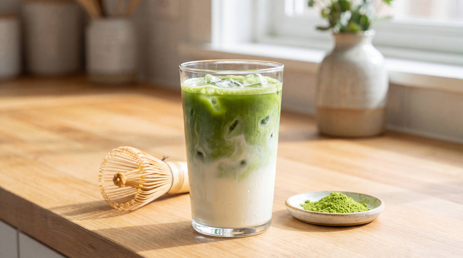 Tall glass of iced matcha latte with green matcha over cold milk and ice, beside a bamboo whisk