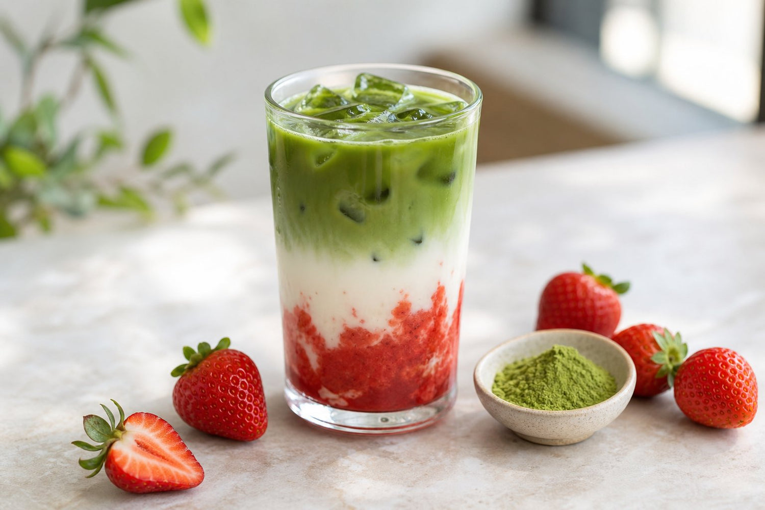 Layered iced strawberry matcha latte in a glass: red berry base, white milk, green top over ice, fresh strawberries alongside