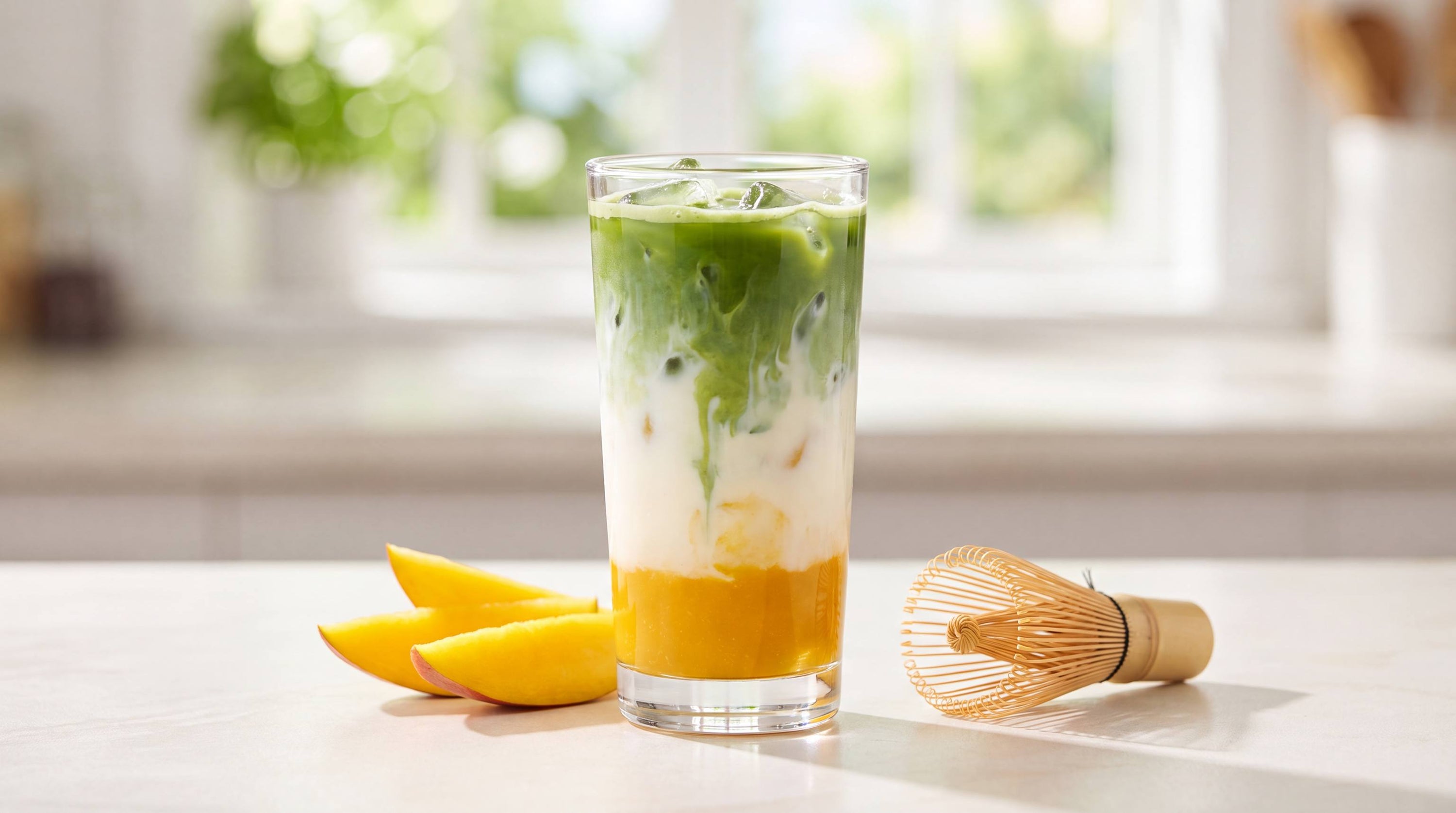 Layered iced mango matcha latte: golden fruit base, white milk over ice, green matcha on top, fresh slices alongside