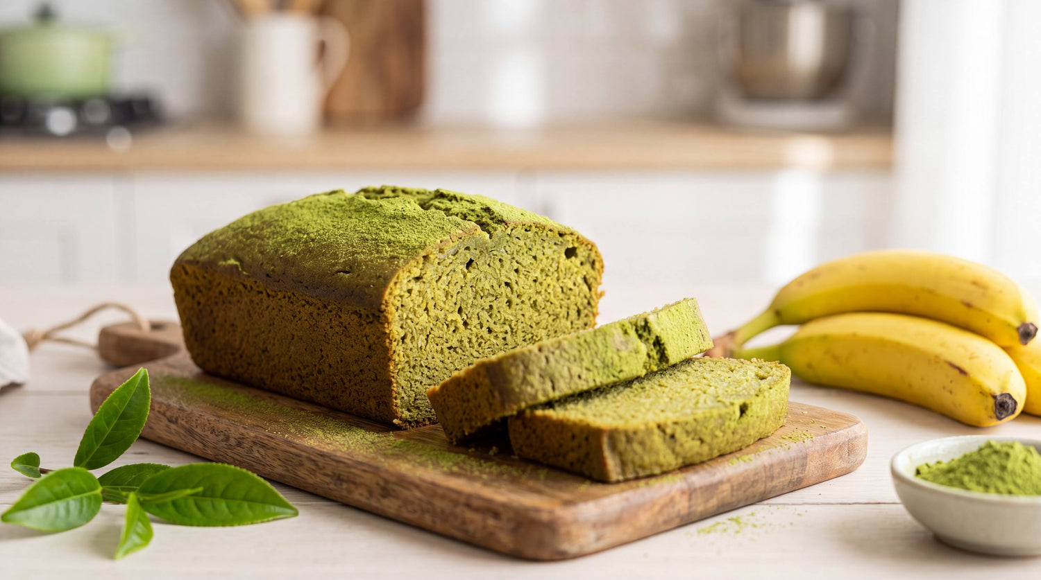 A loaf of matcha banana bread on a wooden board with two slices cut to show the green crumb