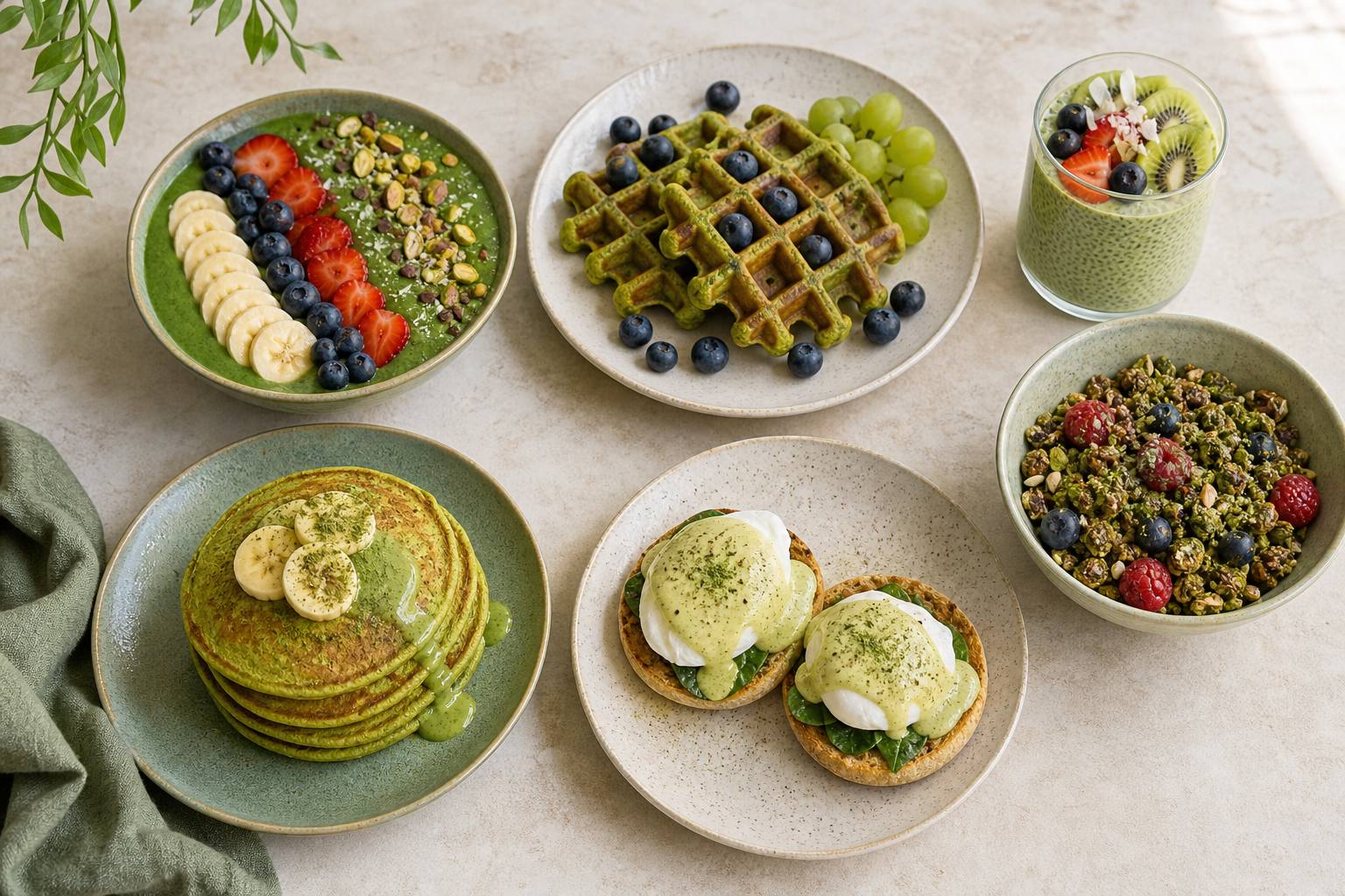 A breakfast table spread with matcha smoothie bowls, waffles, chia pudding, granola, pancakes and Eggs Benedict