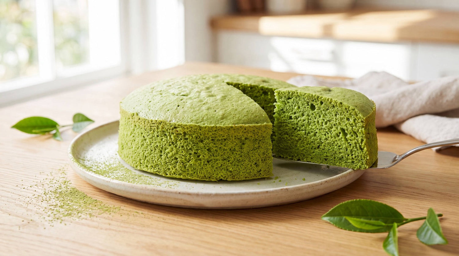 A vivid green matcha sponge cake on a plate with one slice cut to show the green crumb