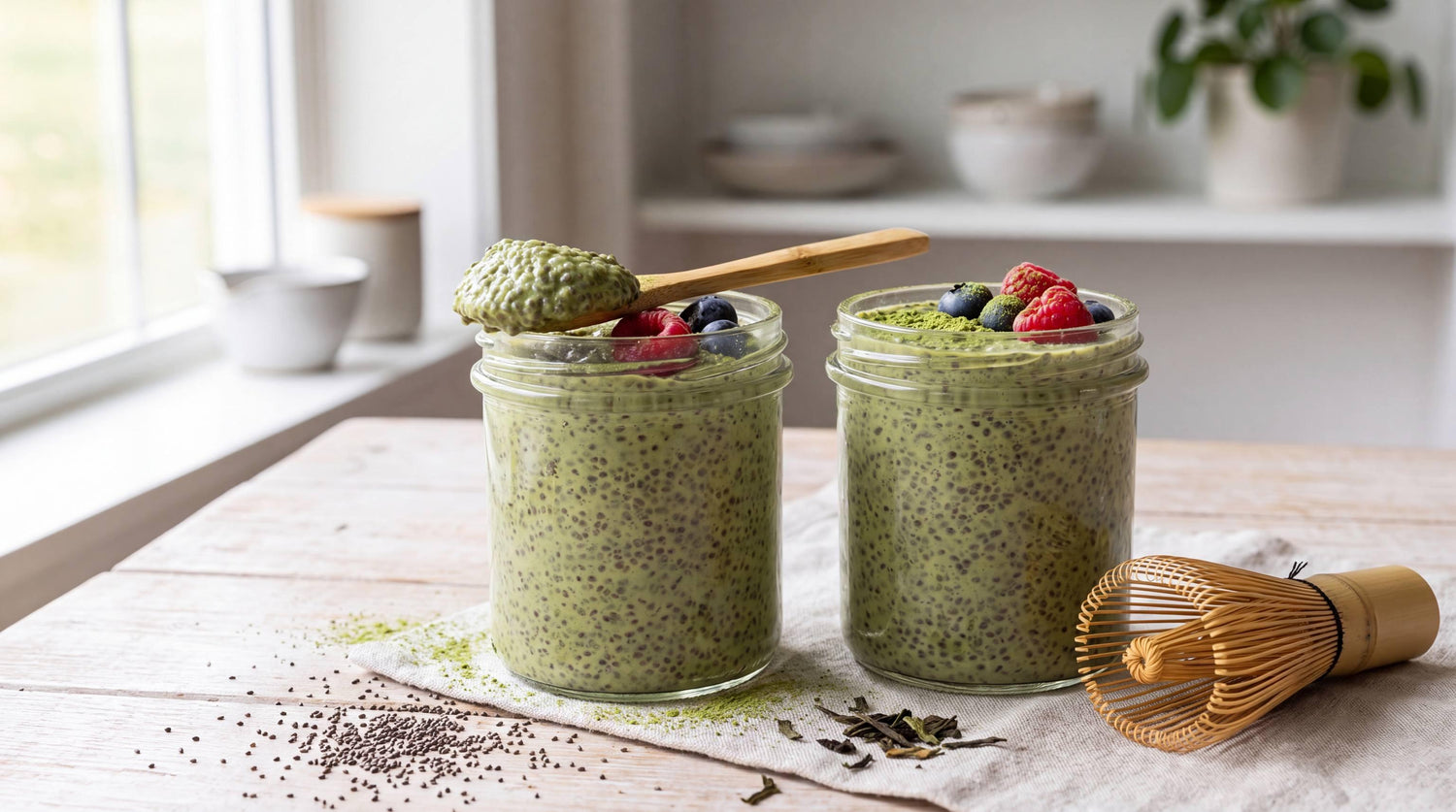 Two jars of set overnight matcha chia pudding, thick and green, topped with fresh berries and a spoon resting alongside