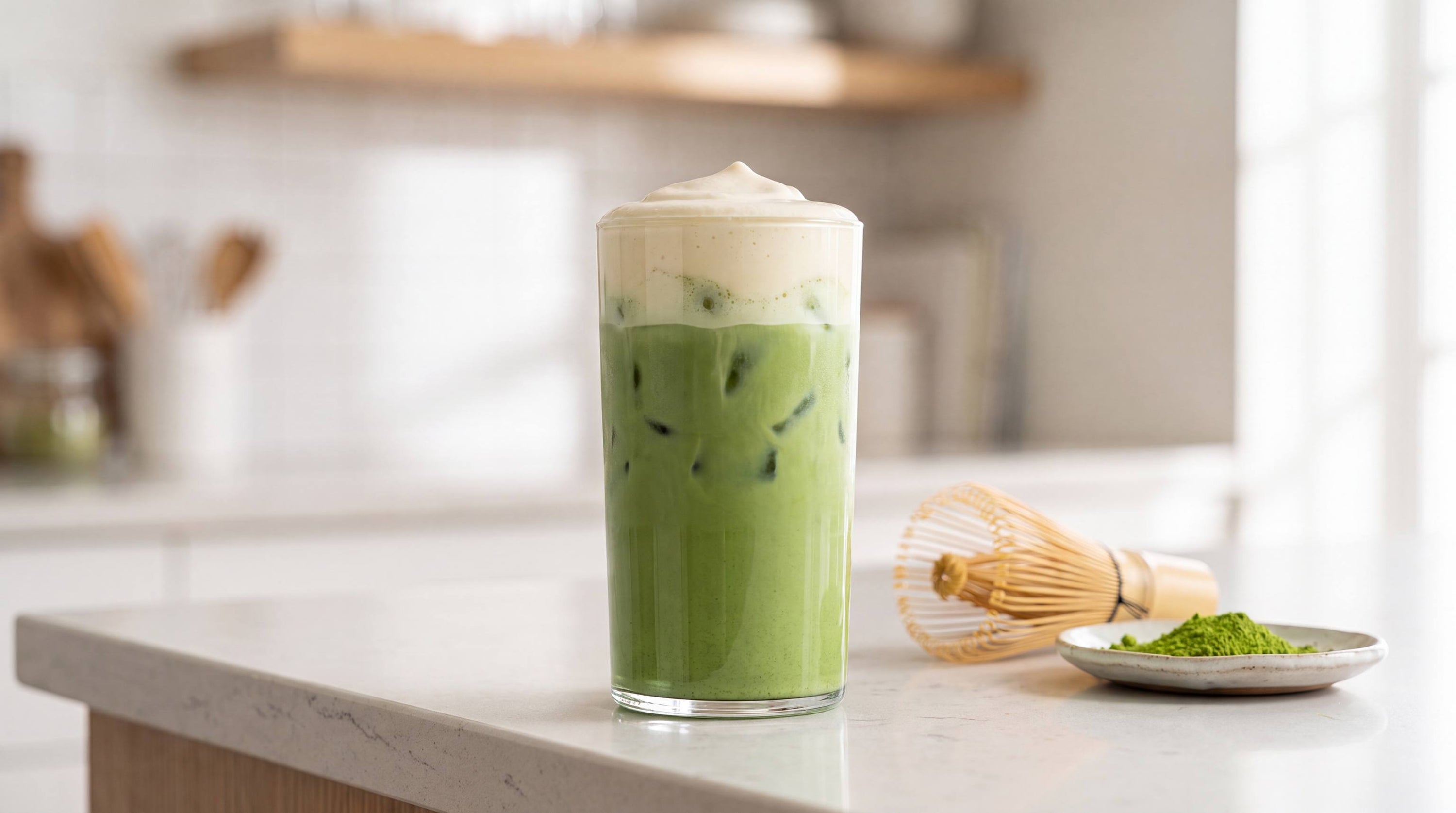 Tall glass of iced matcha with a thick pale cold foam floating on top of the green base over ice