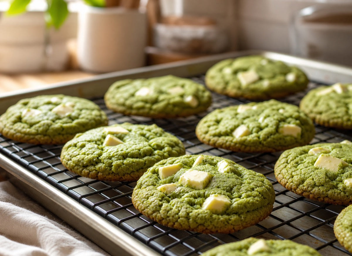 Green matcha cookies with white chocolate chunks cooling on a tray