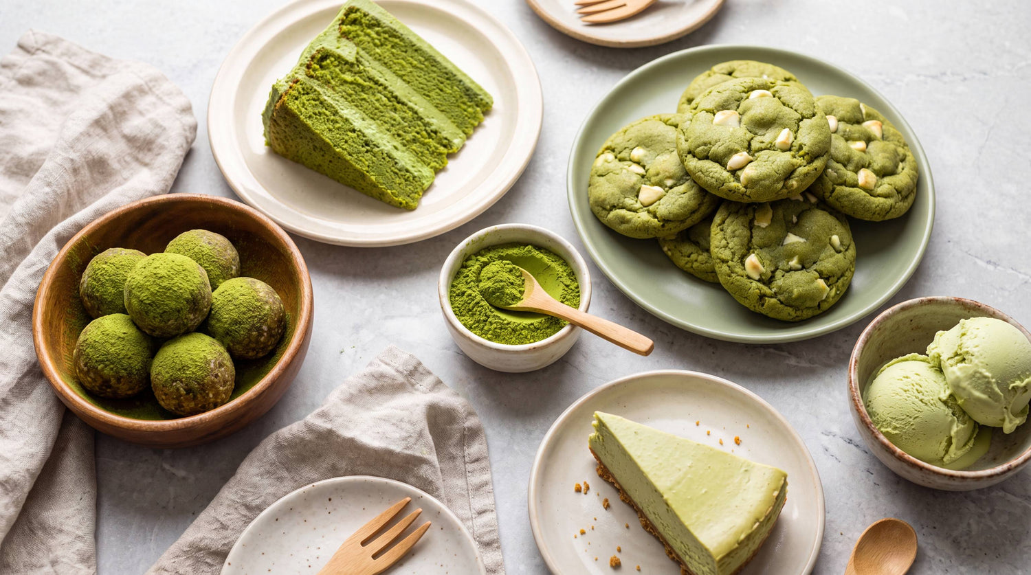 Overhead spread of matcha desserts on a stone benchtop: layered green tea cake, white-chocolate cookies, bliss balls, cheesecake, ice cream scoops and a small bowl of matcha powder