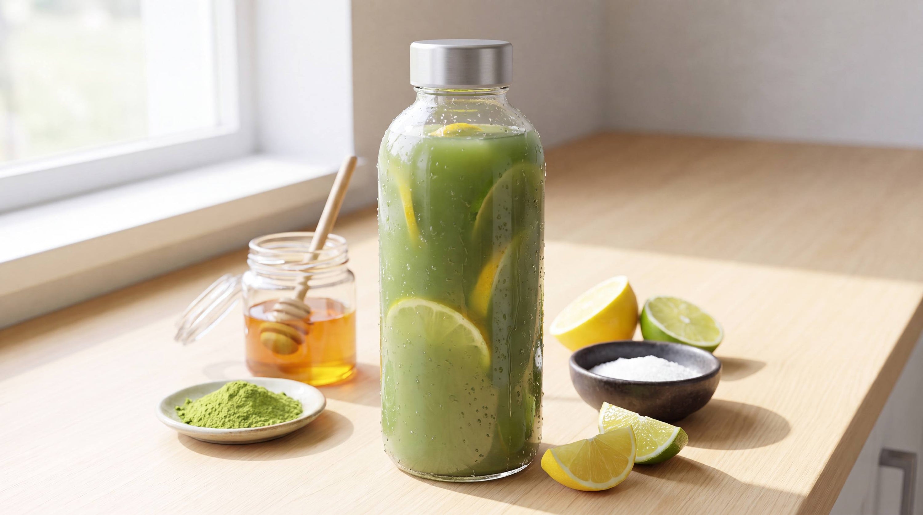 Clear sports bottle of cloudy green matcha energy drink with lemon and lime slices and condensation