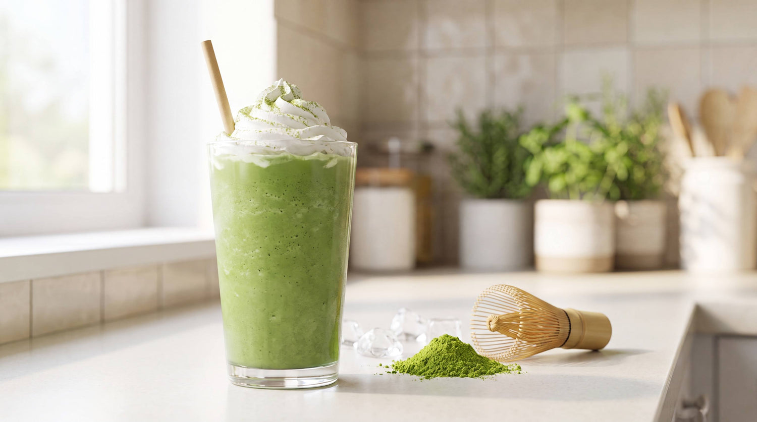 Tall glass of blended matcha frappe topped with whipped cream, with matcha powder and a bamboo whisk beside it