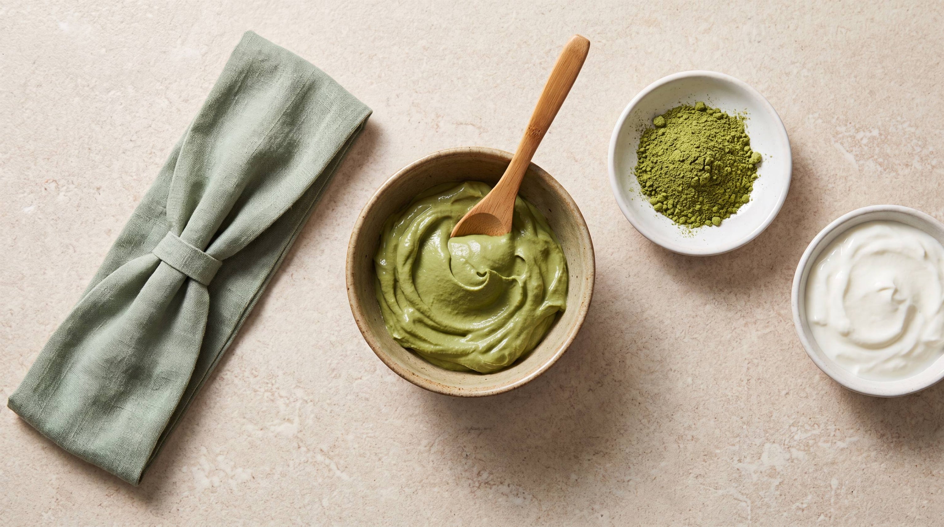 Bowl of smooth green matcha face mask paste beside a dish of matcha powder and a dish of Greek yoghurt