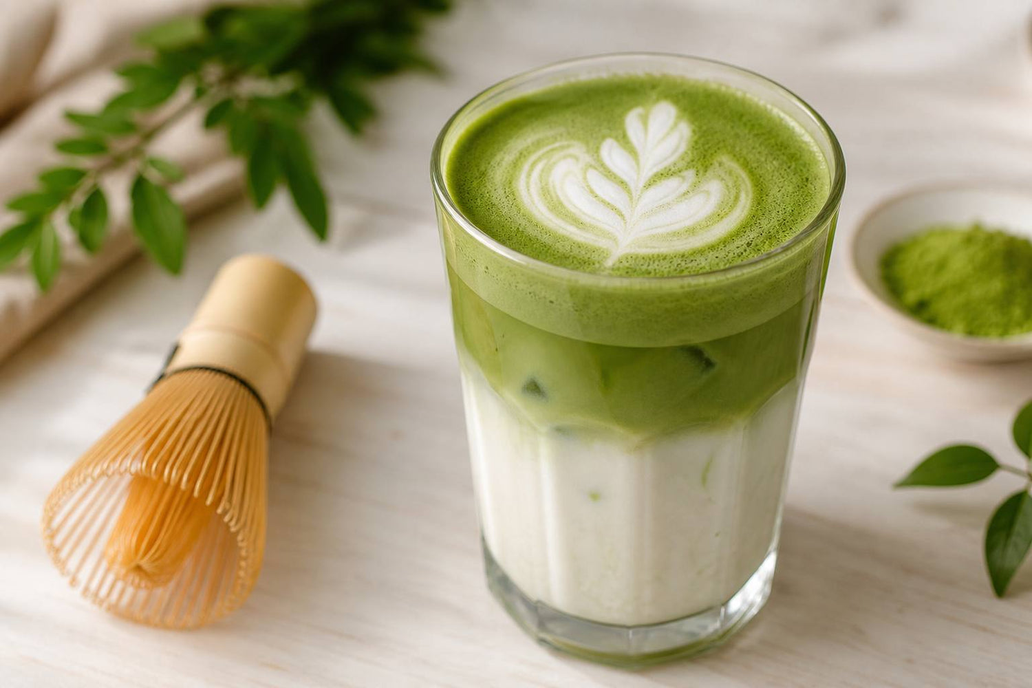 A freshly whisked green matcha latte with leaf latte art in a clear glass