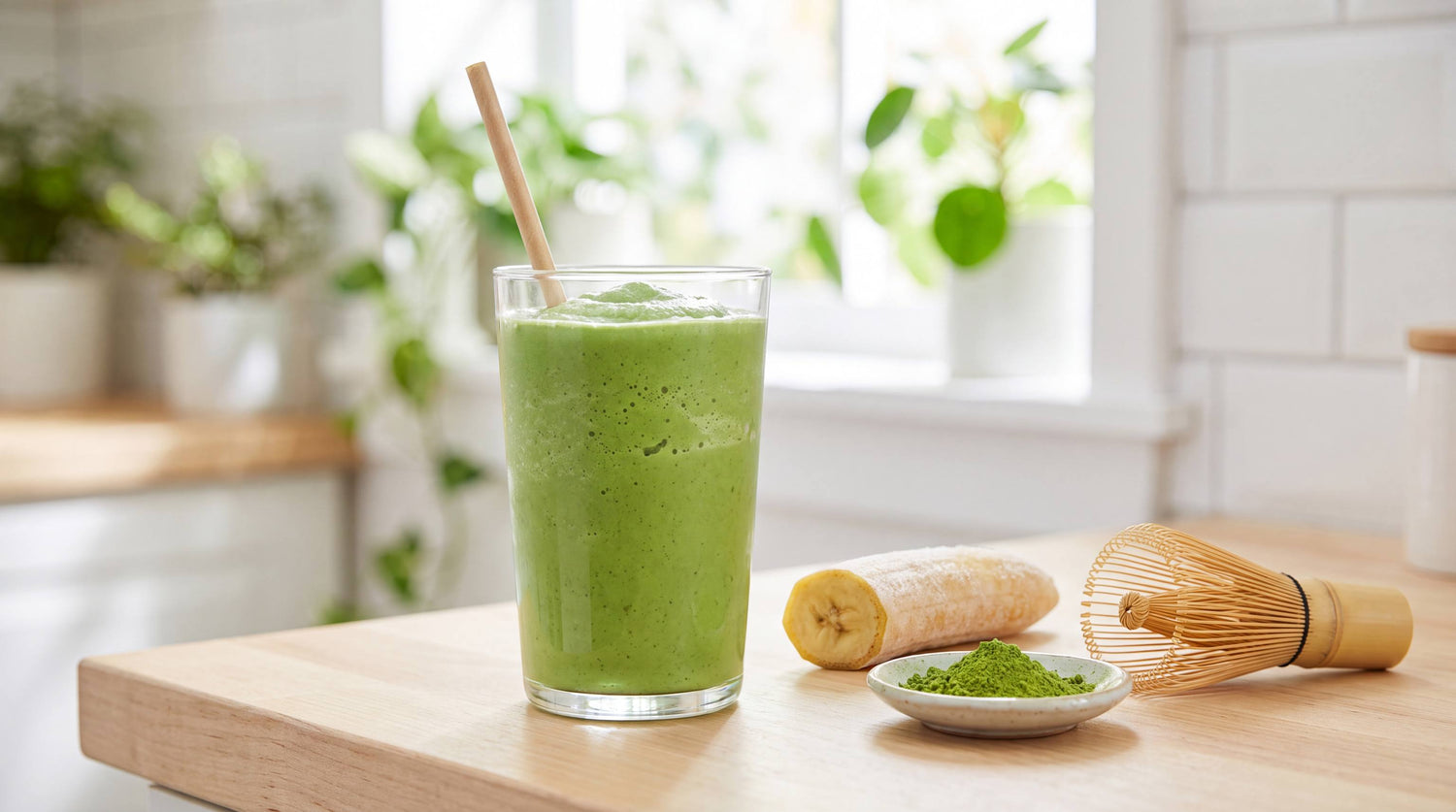 Vivid green matcha smoothie in a tall glass with a paper straw, beside a frozen banana, matcha powder and a bamboo whisk