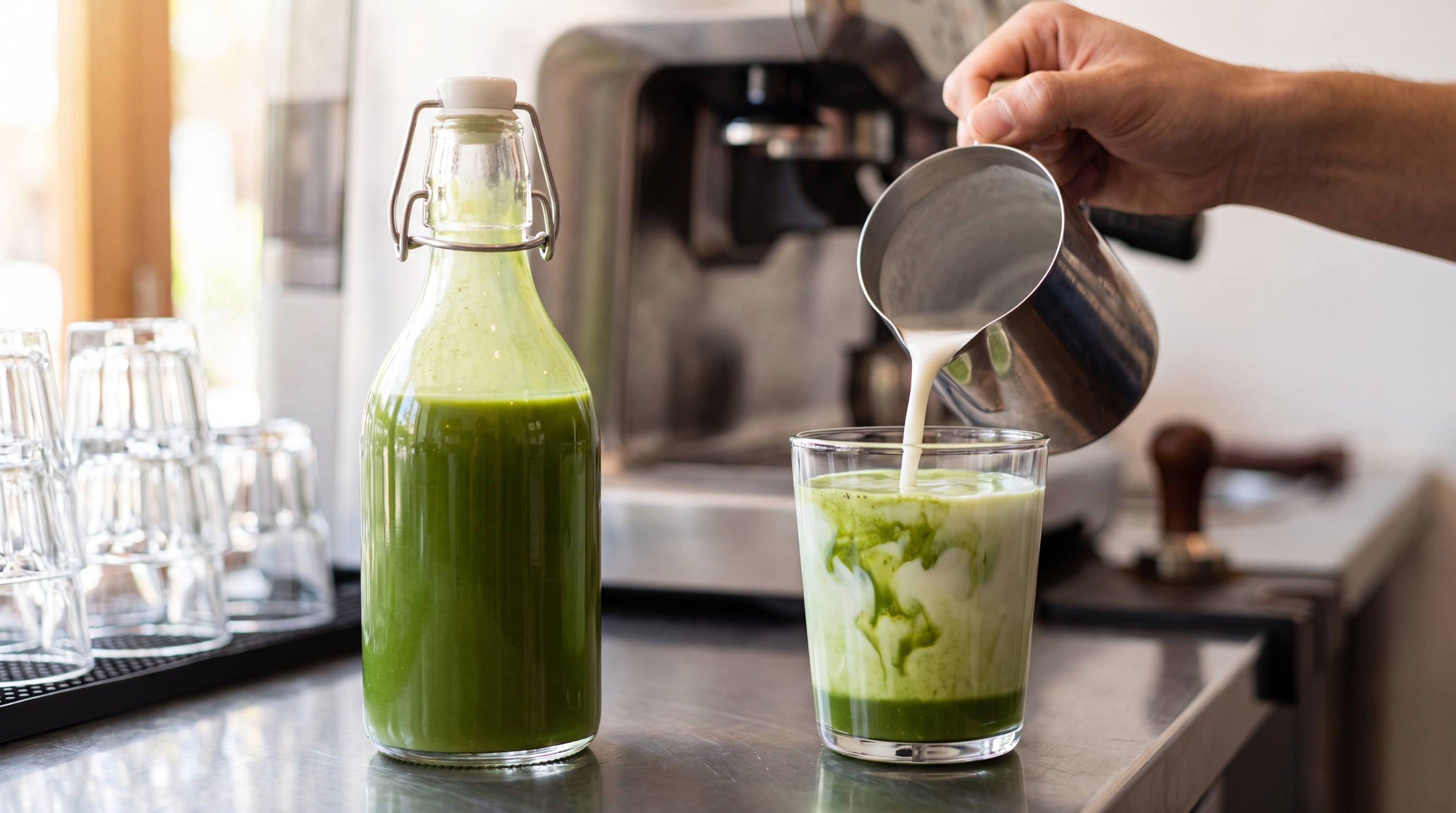 A bottle of prepared matcha syrup on a cafe espresso bar beside a freshly poured matcha latte