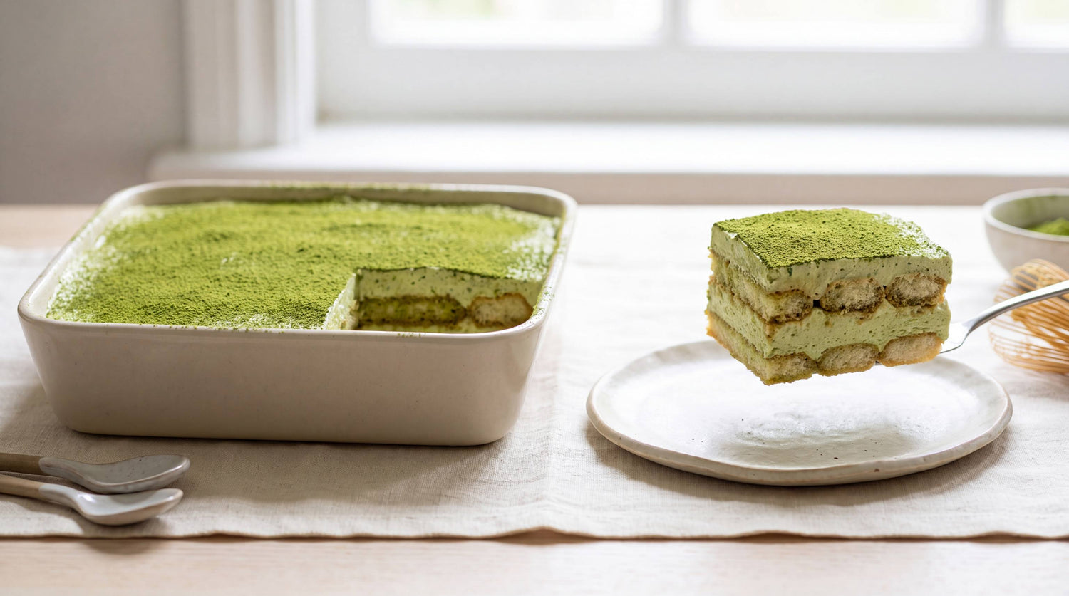 Matcha tiramisu in a ceramic dish with a square slice lifted to show the ladyfinger and mascarpone layers