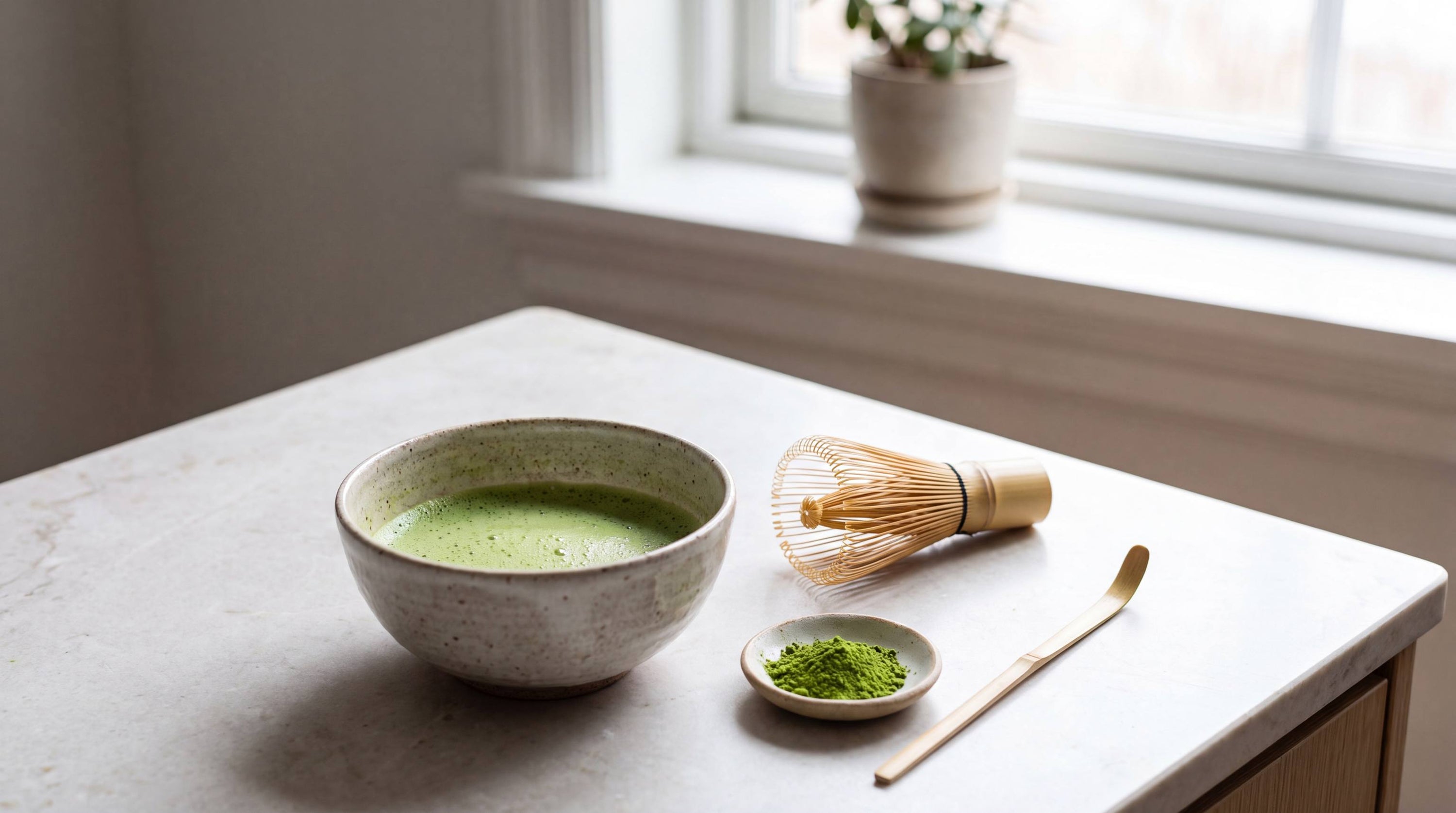 Plain bowl of whisked matcha beside matcha powder and a bamboo whisk on a clean kitchen surface