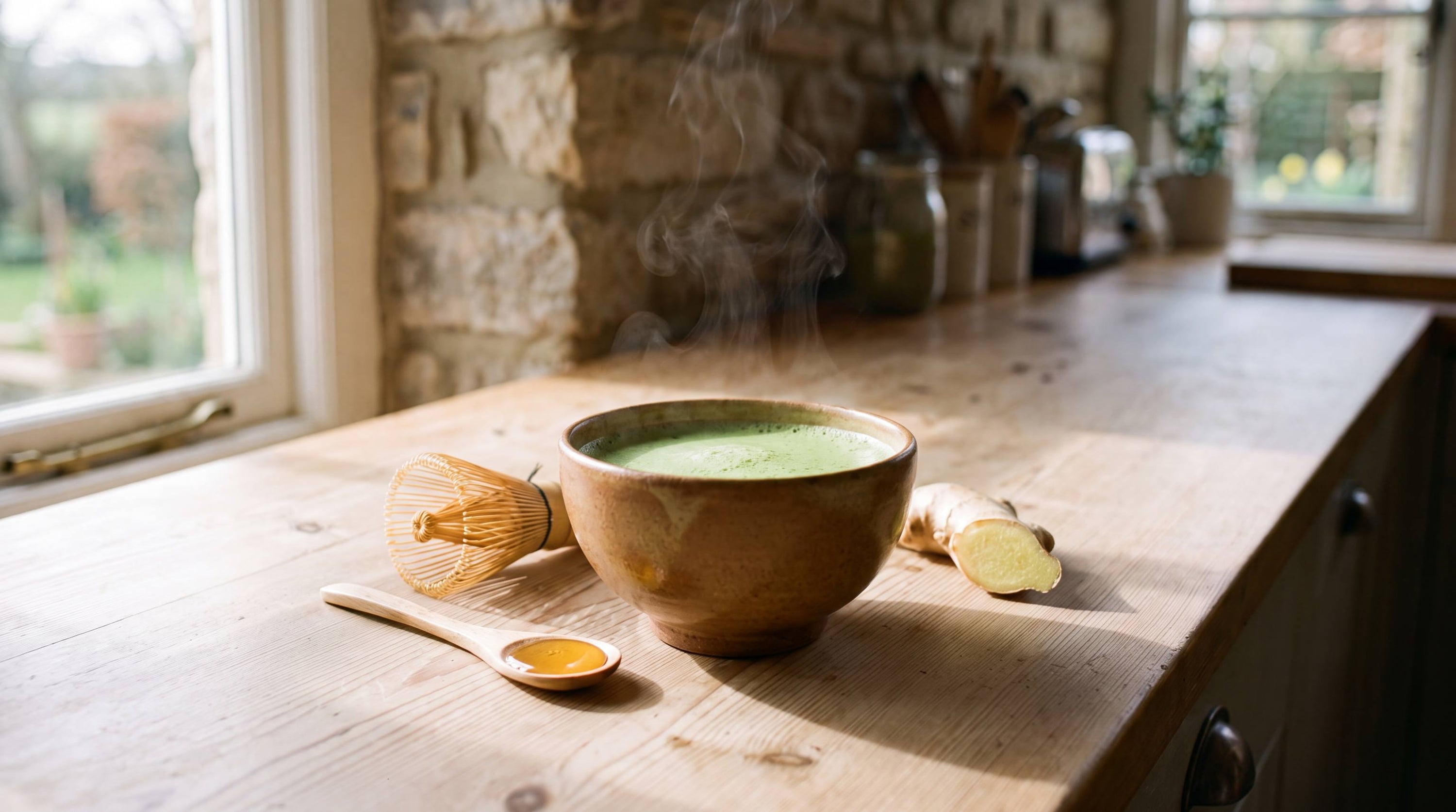 Warm bowl of matcha with honey and ginger on a calm kitchen surface