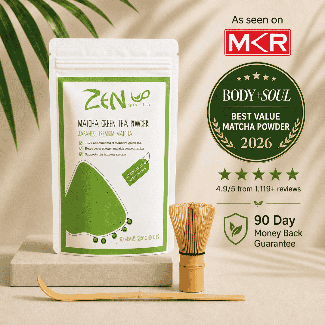 Zen Green Tea Japanese Matcha Tea Set 60g Powder, Bamboo Whisk, Scoop